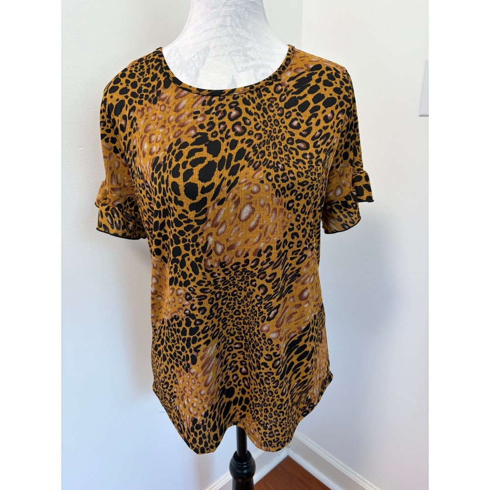 Exclusive One Leopard Print Top Womens Small Mob Wife Ruffle Sleeve MY6846
